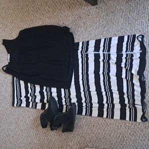 Sz M stretch polyester B/W striped Maxi skirt & black Sleeveless Top